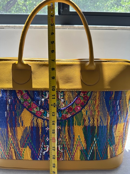 Guatemalan  leather and Embroidered Travel Tote Bag with Multicolor Panel - Picture 13 of 17